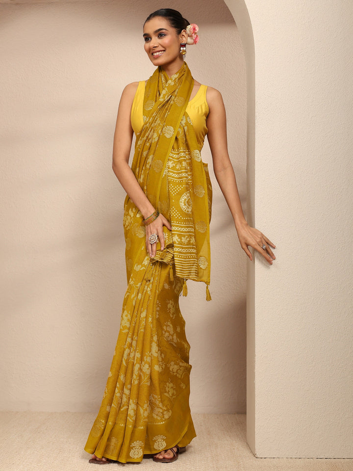 Mustard Floral Printed Silk Blend Saree With Unstitched Blouse Piece