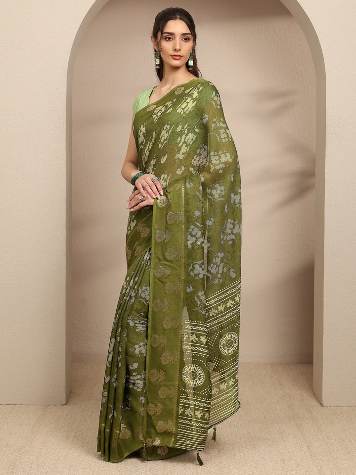 Green Floral Printed Silk Blend Saree With Unstitched Blouse Piece