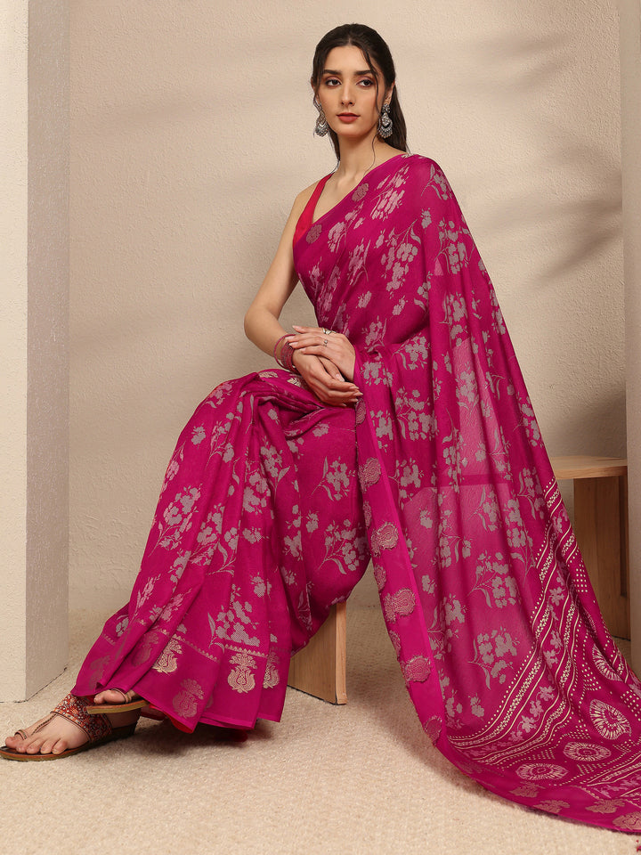Pink Floral Printed Silk Blend Saree With Unstitched Blouse Piece
