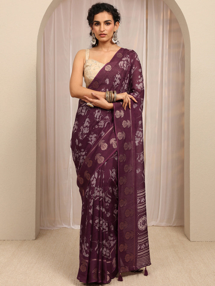 Maroon Floral Printed Silk Blend Saree With Unstitched Blouse Piece