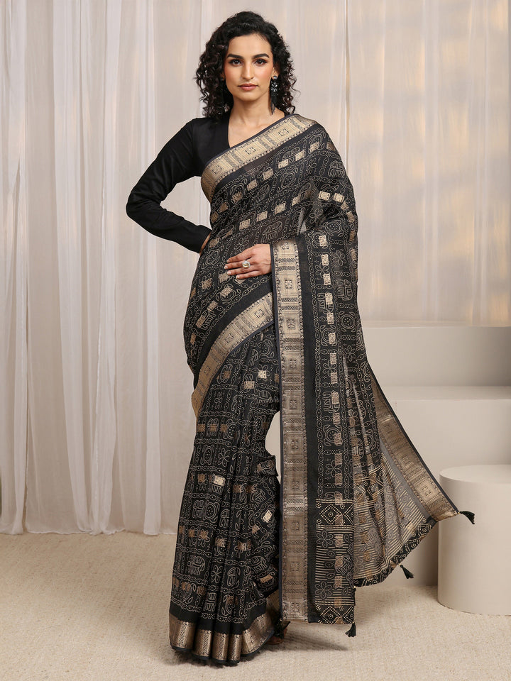 Black Bandhani Printed Silk Blend Saree 
With Unstitched Blouse Piece