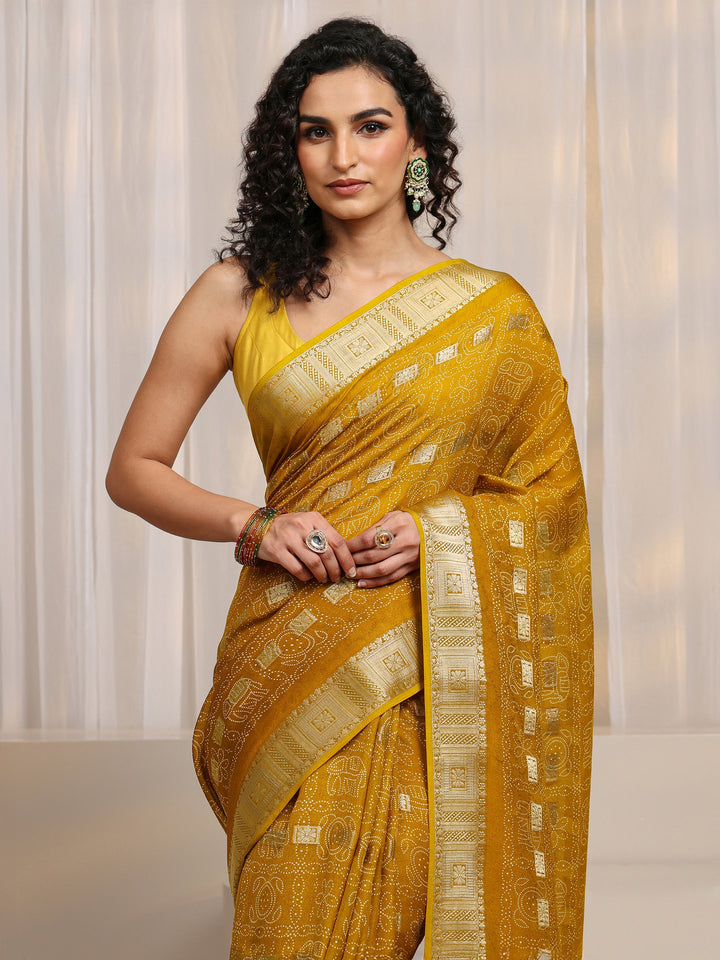 Mustard Bandhani Printed Silk Blend Saree 
With Unstitched Blouse Piece