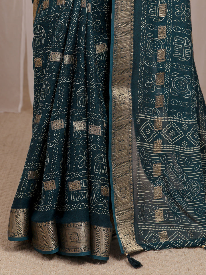Navy Blue Bandhani Printed Silk Blend Saree With Unstitched Blouse Piece
