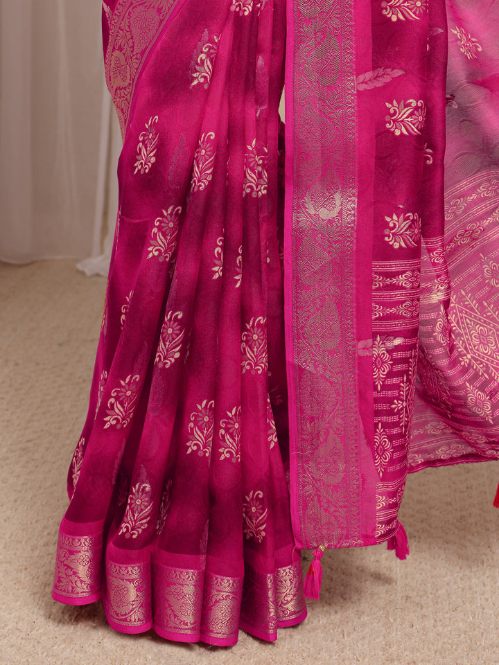 Pink Floral Printed Silk Blend Saree With Unstitched Blouse Piece