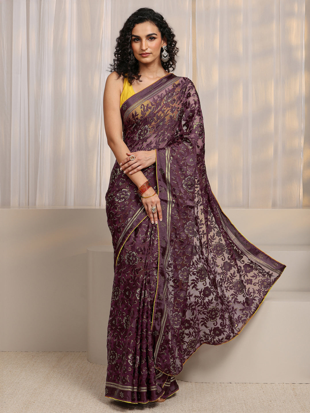 Maroon Floral Printed Silk Blend Saree 
With Unstitched Blouse Piece