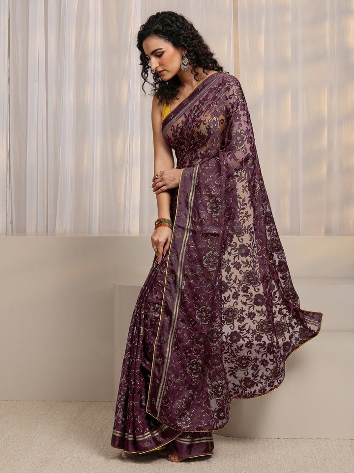 Maroon Floral Printed Silk Blend Saree 
With Unstitched Blouse Piece