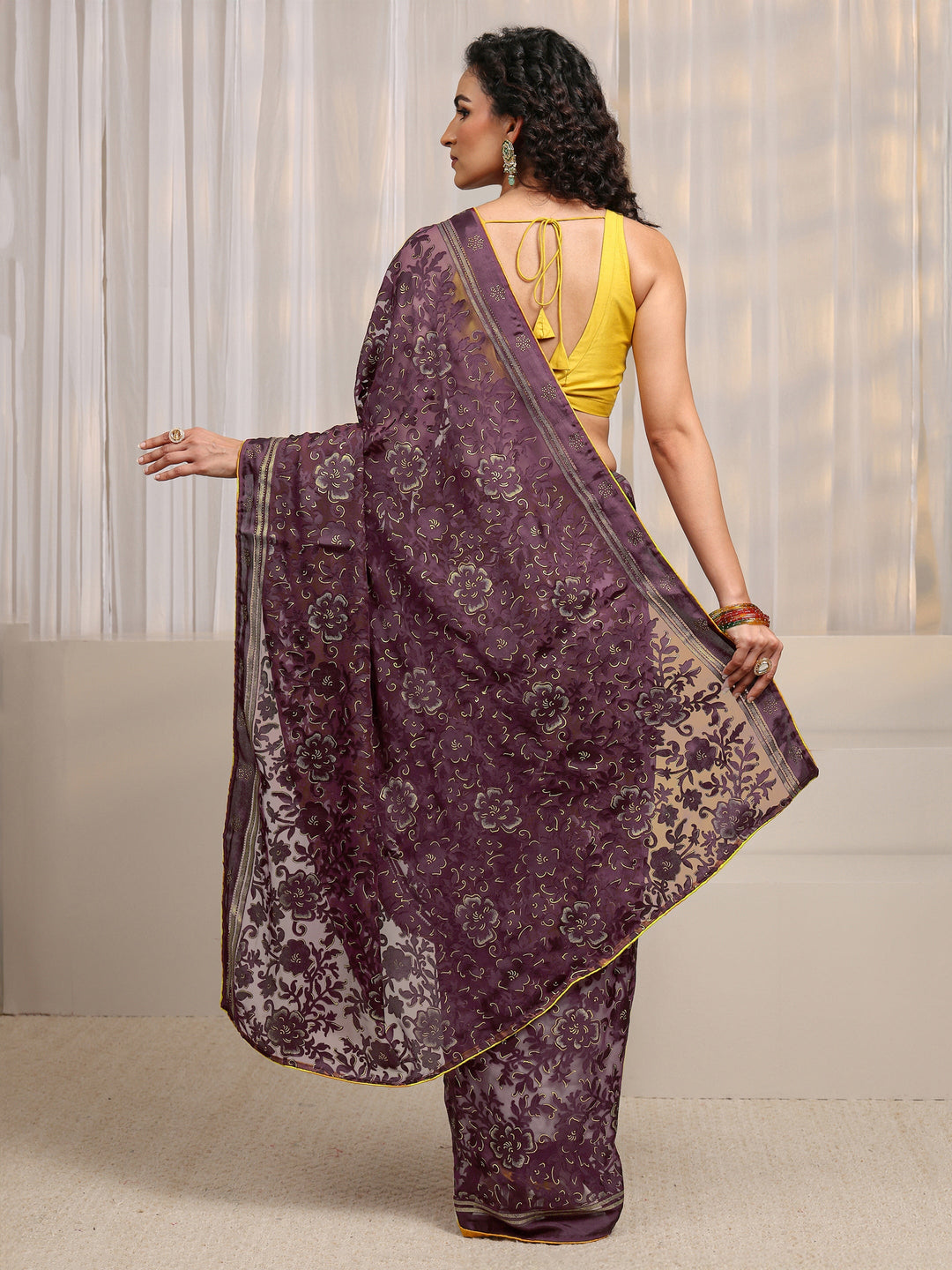 Maroon Floral Printed Silk Blend Saree 
With Unstitched Blouse Piece