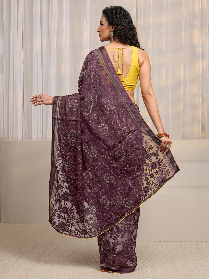 Maroon Floral Printed Silk Blend Saree 
With Unstitched Blouse Piece
