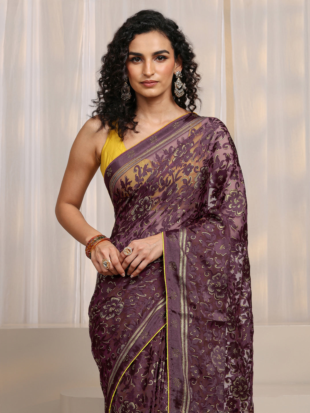 Maroon Floral Printed Silk Blend Saree 
With Unstitched Blouse Piece