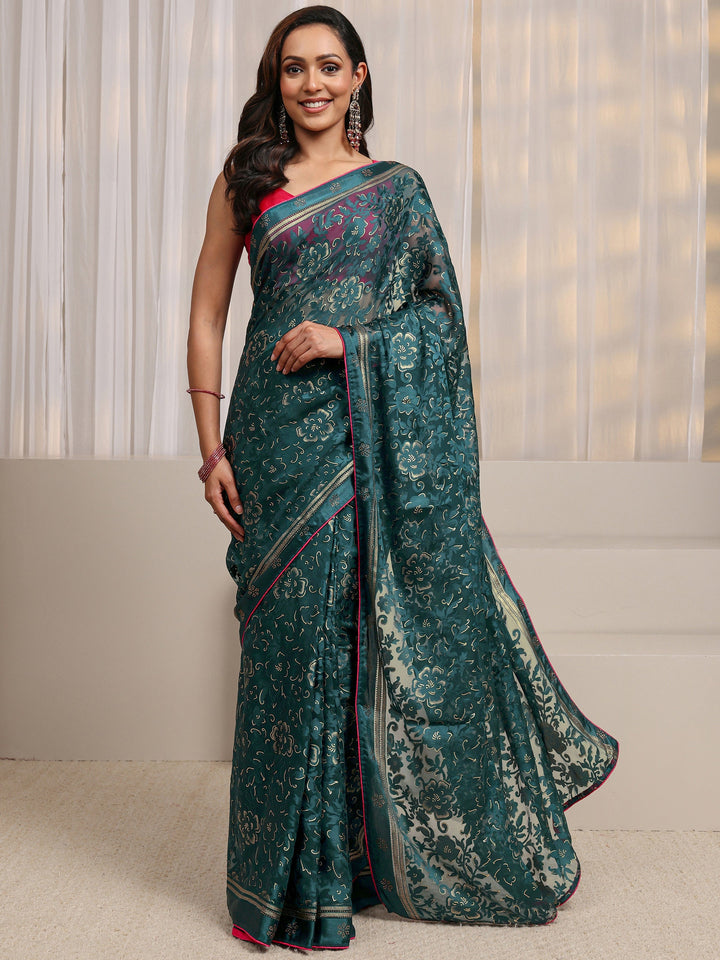 Blue Floral Printed Silk Blend Saree 
With Unstitched Blouse Piece