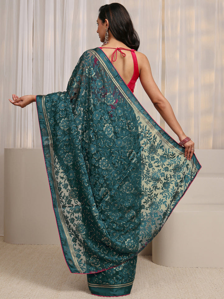 Blue Floral Printed Silk Blend Saree 
With Unstitched Blouse Piece