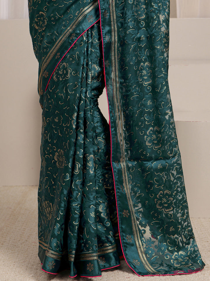 Blue Floral Printed Silk Blend Saree 
With Unstitched Blouse Piece