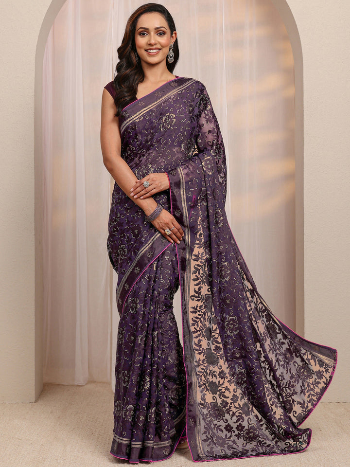 Burgundy Floral Printed Silk Blend Saree 
With Unstitched Blouse Piece