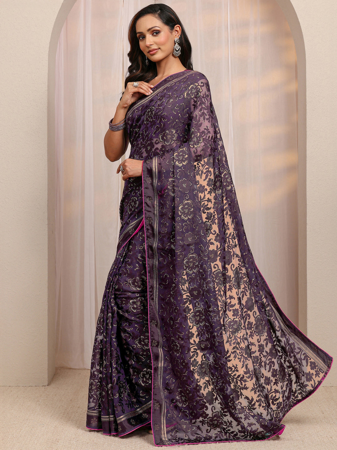 Burgundy Floral Printed Silk Blend Saree 
With Unstitched Blouse Piece