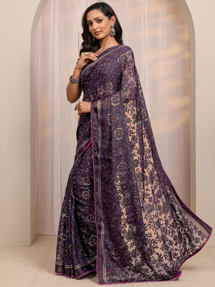 Burgundy Floral Printed Silk Blend Saree 
With Unstitched Blouse Piece