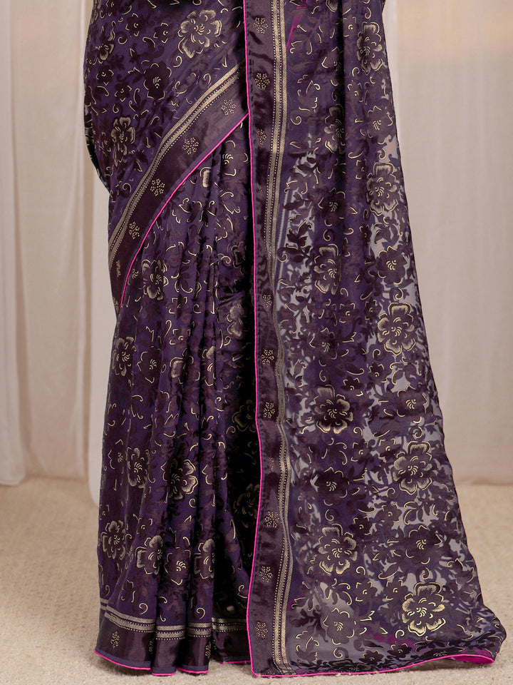 Burgundy Floral Printed Silk Blend Saree 
With Unstitched Blouse Piece