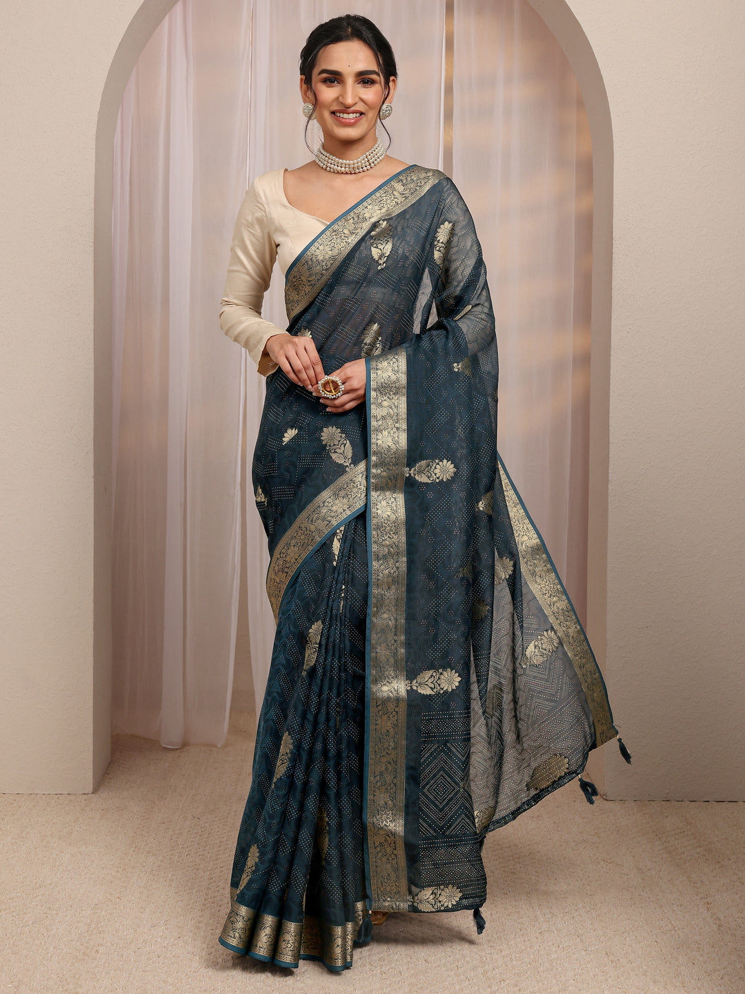 Navy Blue Floral Woven Design Silk Blend Saree With Unstitched Blouse Piece
