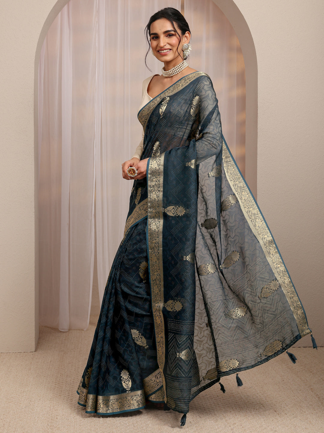 Navy Blue Floral Woven Design Silk Blend Saree With Unstitched Blouse Piece