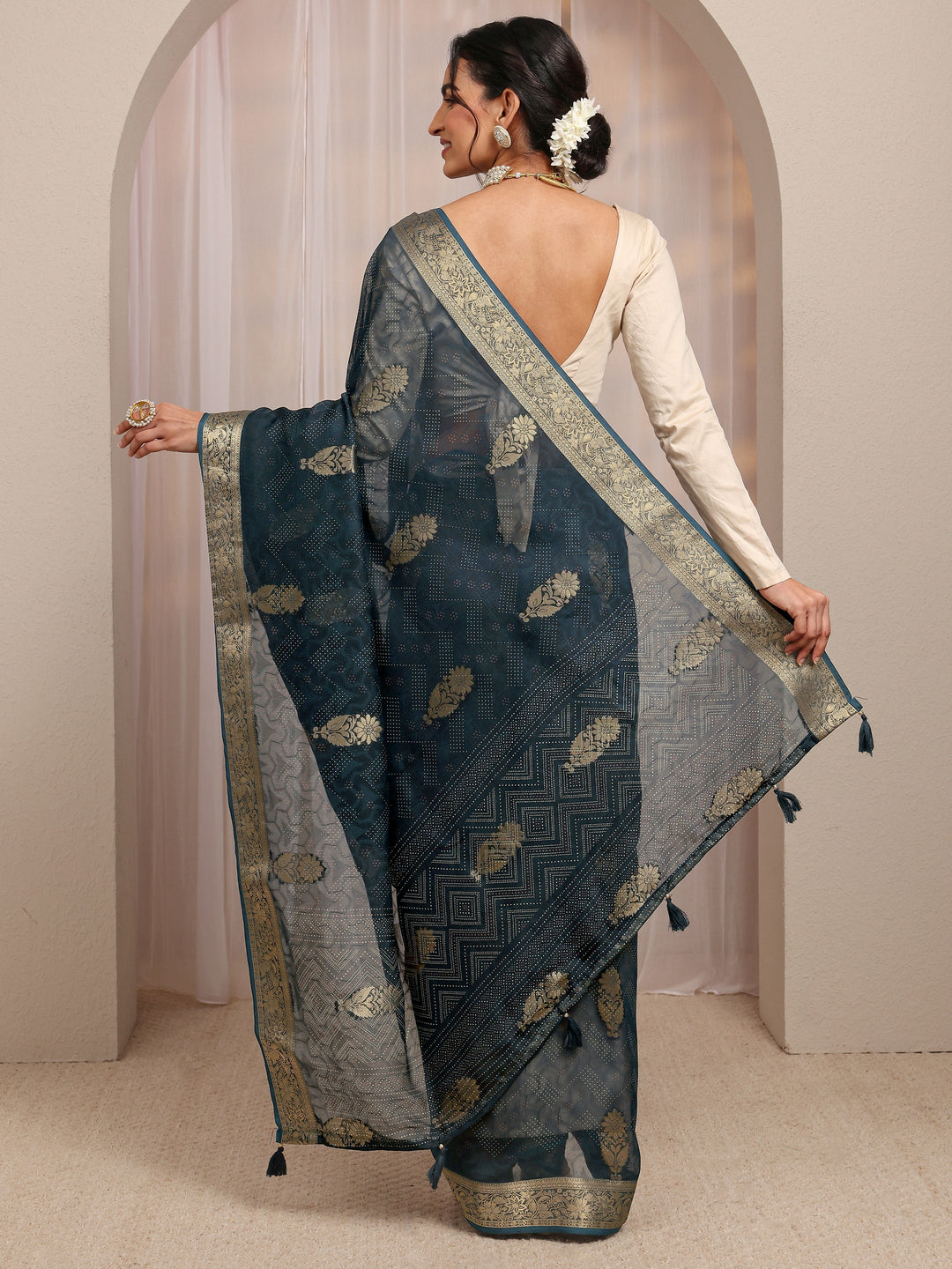 Navy Blue Floral Woven Design Silk Blend Saree With Unstitched Blouse Piece