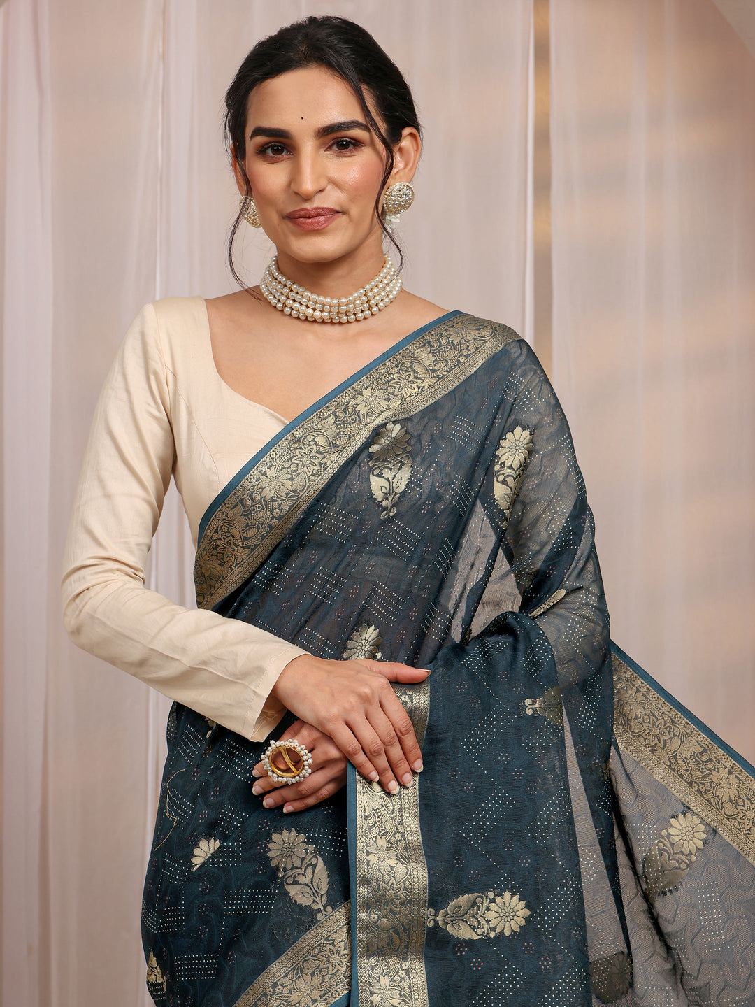 Navy Blue Floral Woven Design Silk Blend Saree With Unstitched Blouse Piece