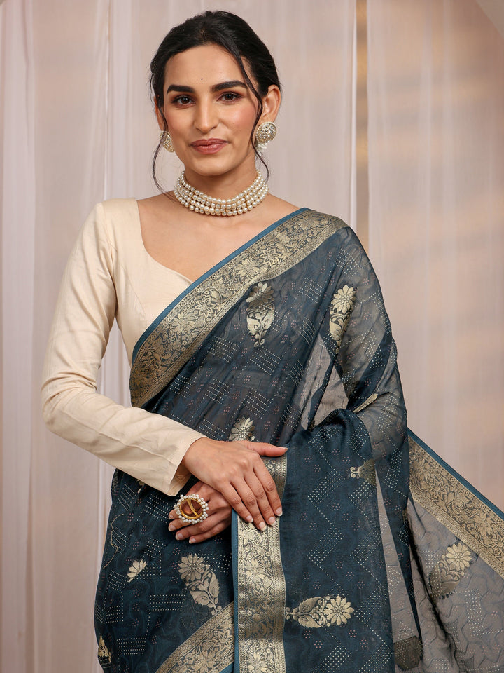 Navy Blue Floral Woven Design Silk Blend Saree With Unstitched Blouse Piece