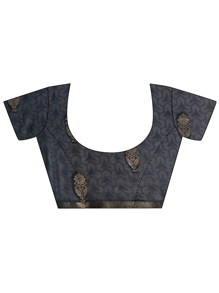 Navy Blue Floral Woven Design Silk Blend Saree With Unstitched Blouse Piece