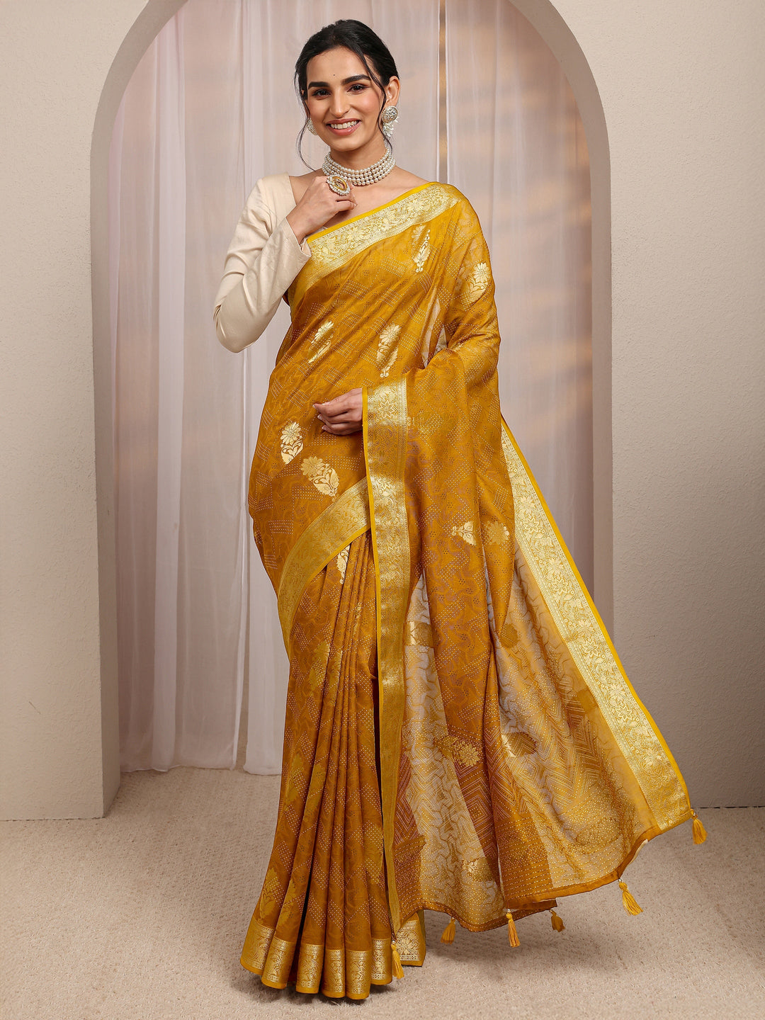 Mustard Floral Woven Design Silk Blend Saree With Unstitched Blouse Piece