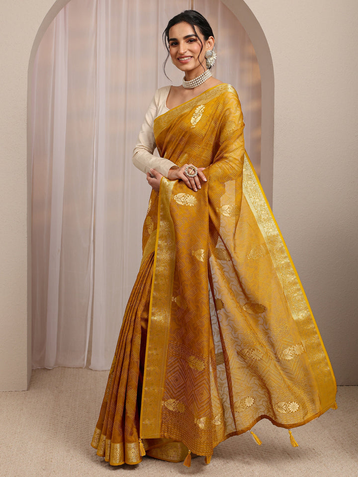 Mustard Floral Woven Design Silk Blend Saree With Unstitched Blouse Piece
