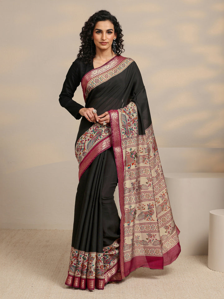 Black Ethnic Motif Printed Silk Blend Saree 
With Unstitched Blouse Piece