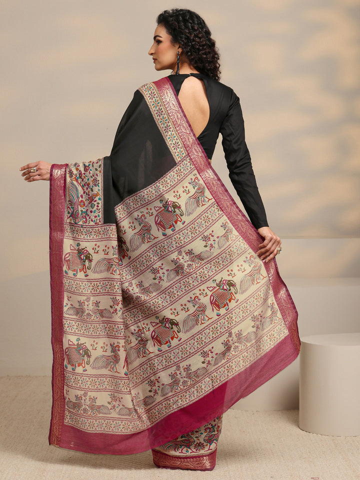 Black Ethnic Motif Printed Silk Blend Saree 
With Unstitched Blouse Piece