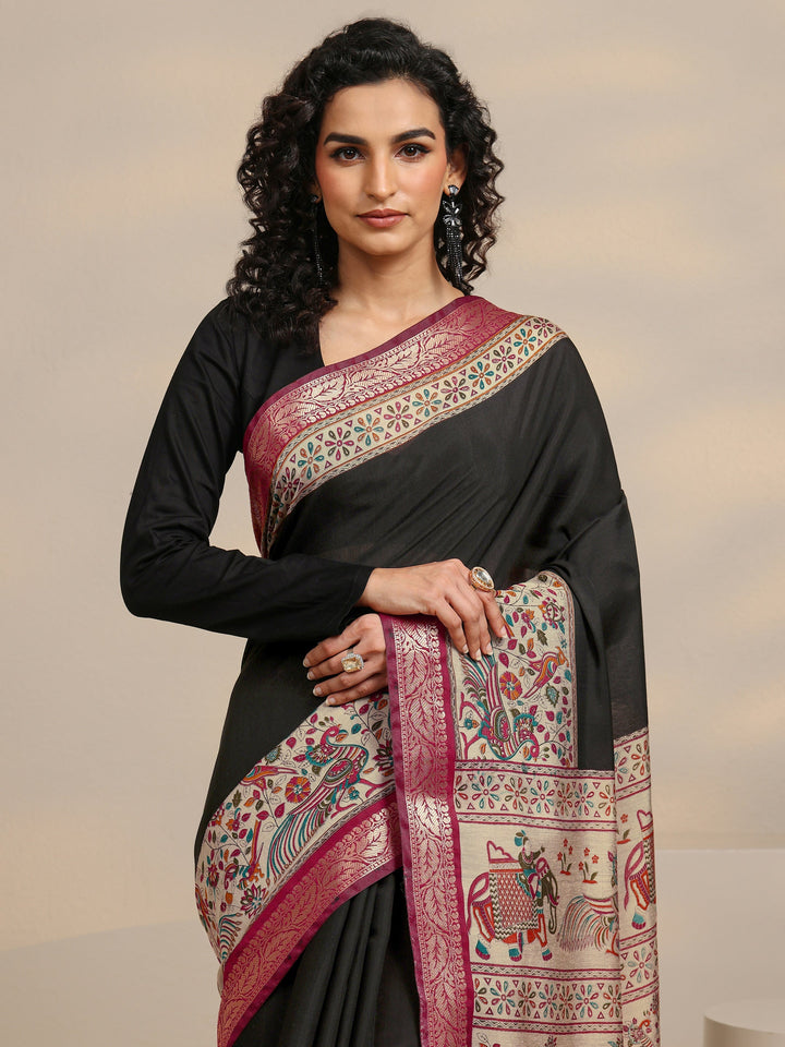 Black Ethnic Motif Printed Silk Blend Saree 
With Unstitched Blouse Piece