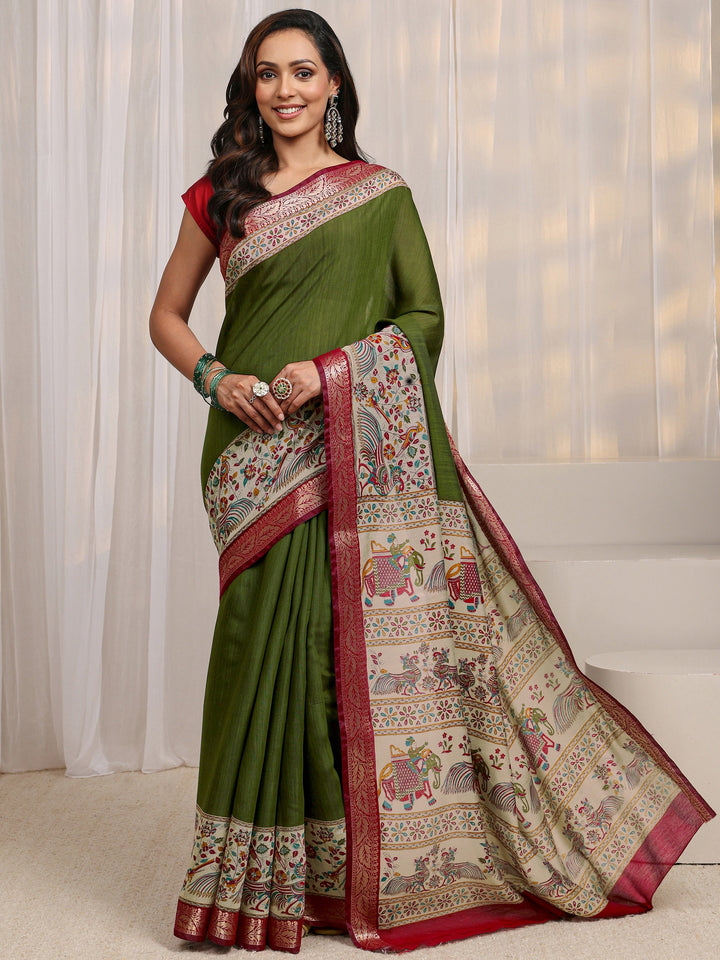 Green Ethnic Motif Printed Silk Blend Saree 
With Unstitched Blouse Piece