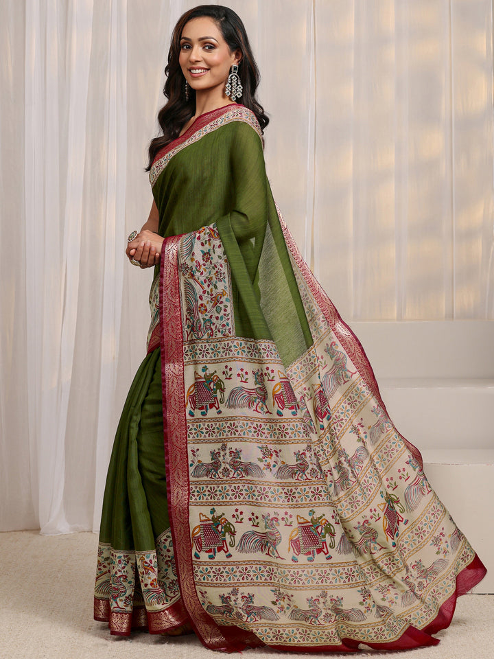 Green Ethnic Motif Printed Silk Blend Saree 
With Unstitched Blouse Piece