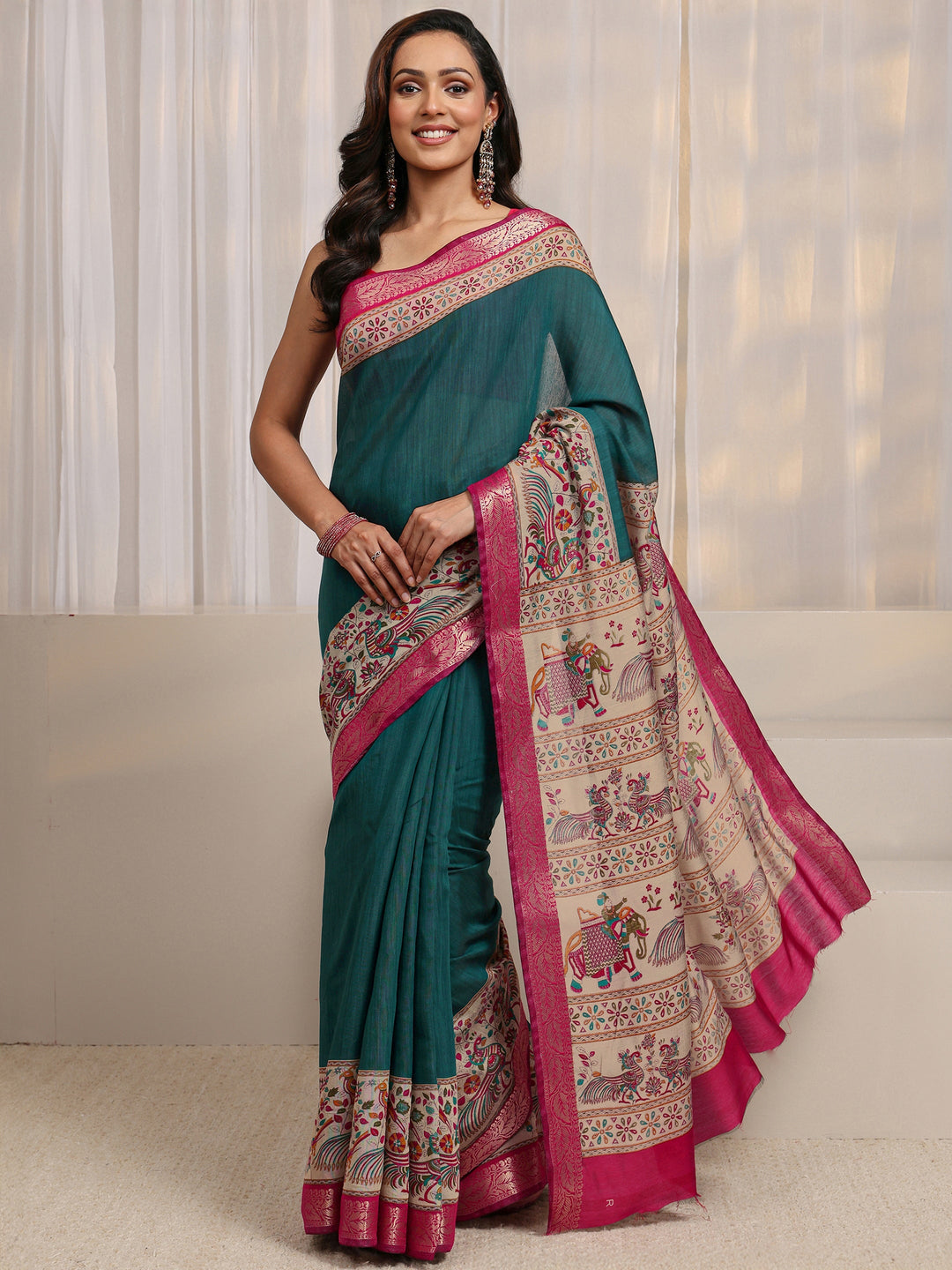 Blue Ethnic Motif Printed Silk Blend Saree 
With Unstitched Blouse Piece