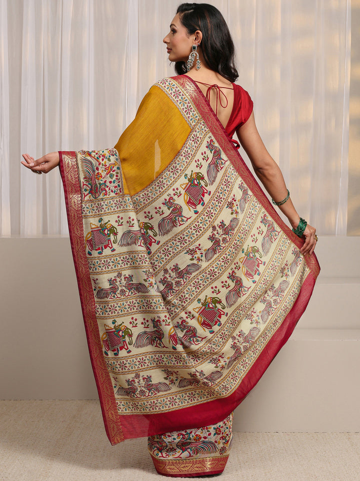 Mustard Ethnic Motif Printed Silk Blend Saree 
With Unstitched Blouse Piece