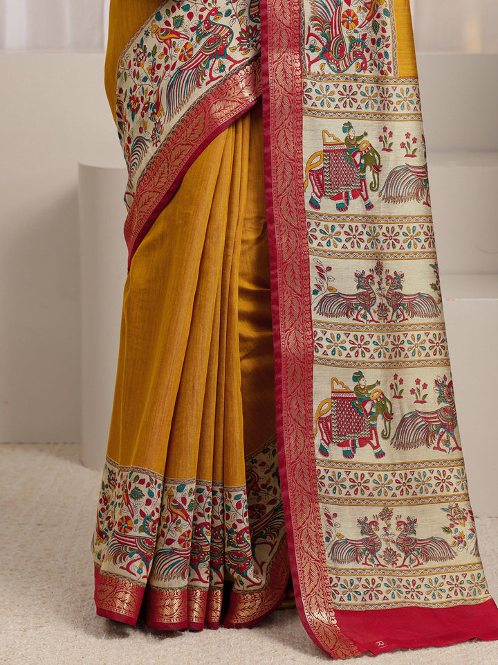 Mustard Ethnic Motif Printed Silk Blend Saree 
With Unstitched Blouse Piece