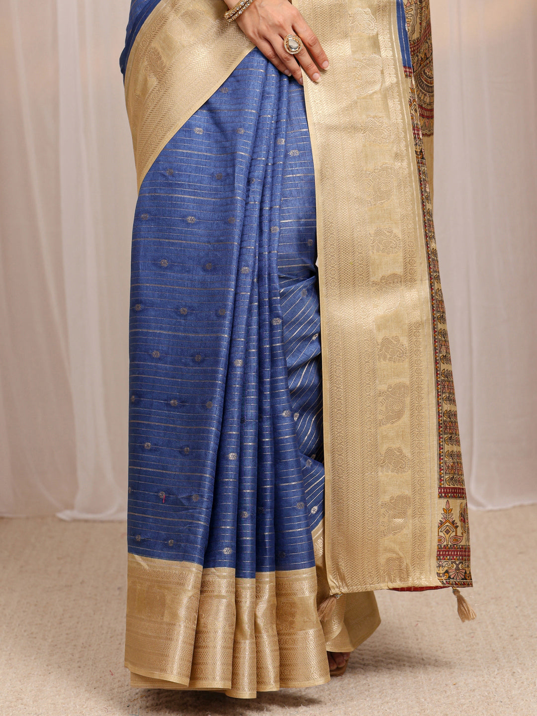 Blue Madhubani Silk Blend Saree 
With Unstitched Blouse Piece
