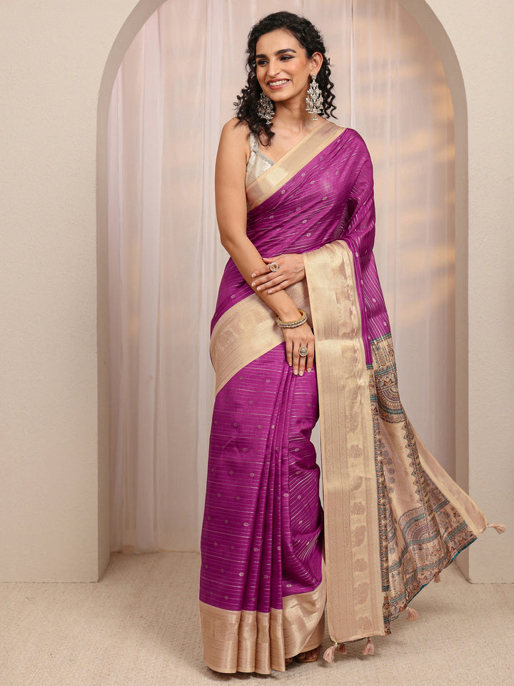 Maroon Madhubani Silk Blend Saree 
With Unstitched Blouse Piece