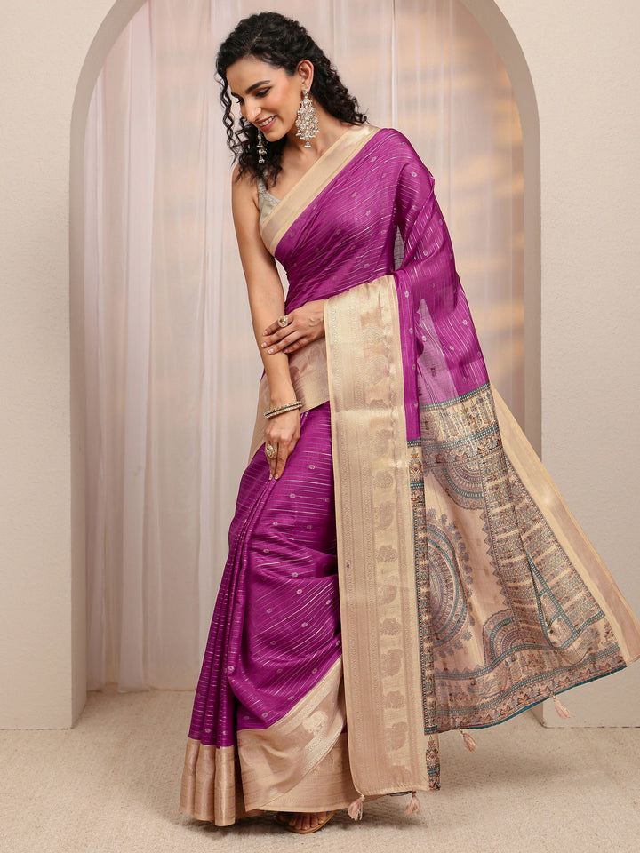 Maroon Madhubani Silk Blend Saree 
With Unstitched Blouse Piece