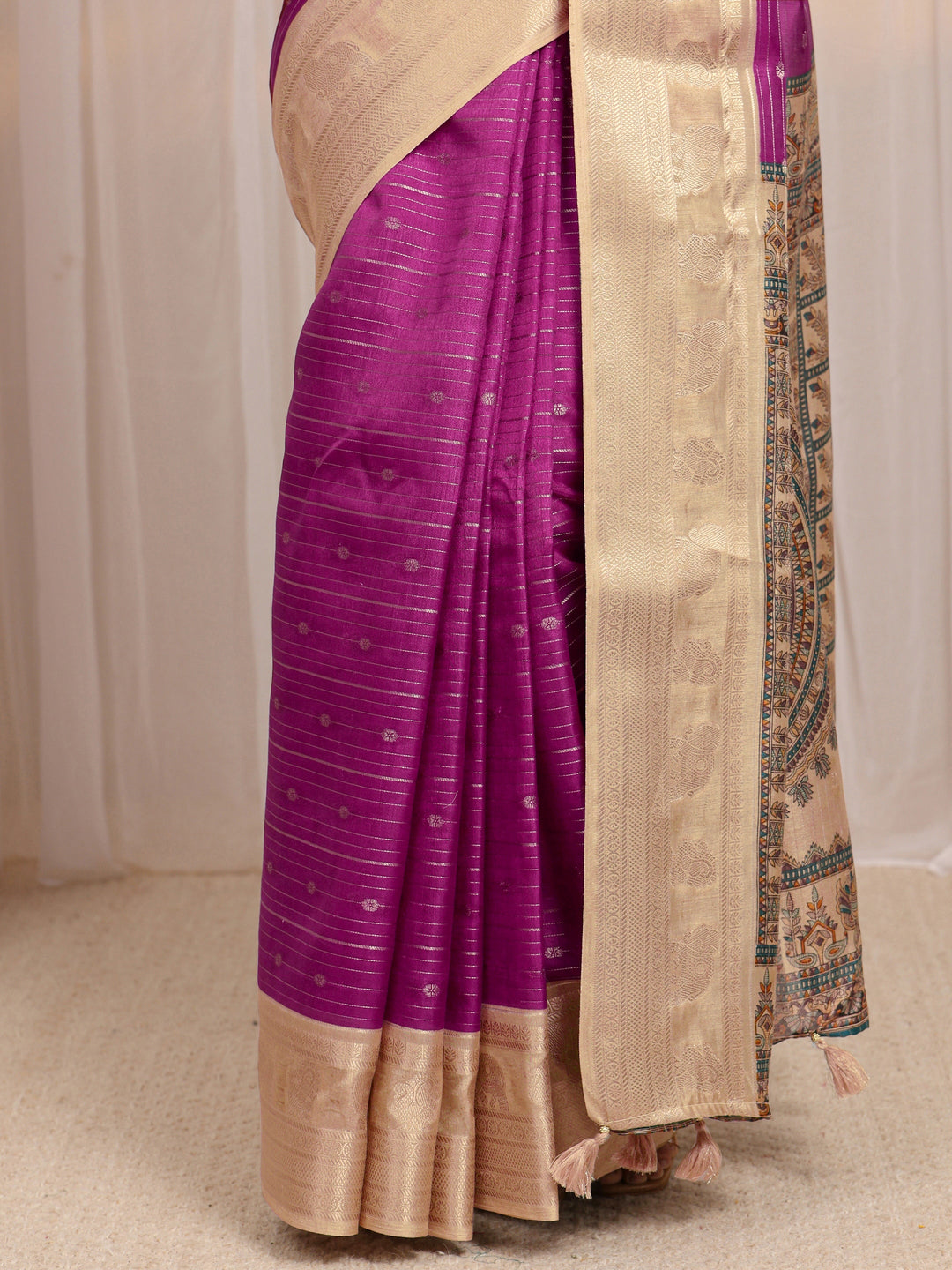 Maroon Madhubani Silk Blend Saree 
With Unstitched Blouse Piece