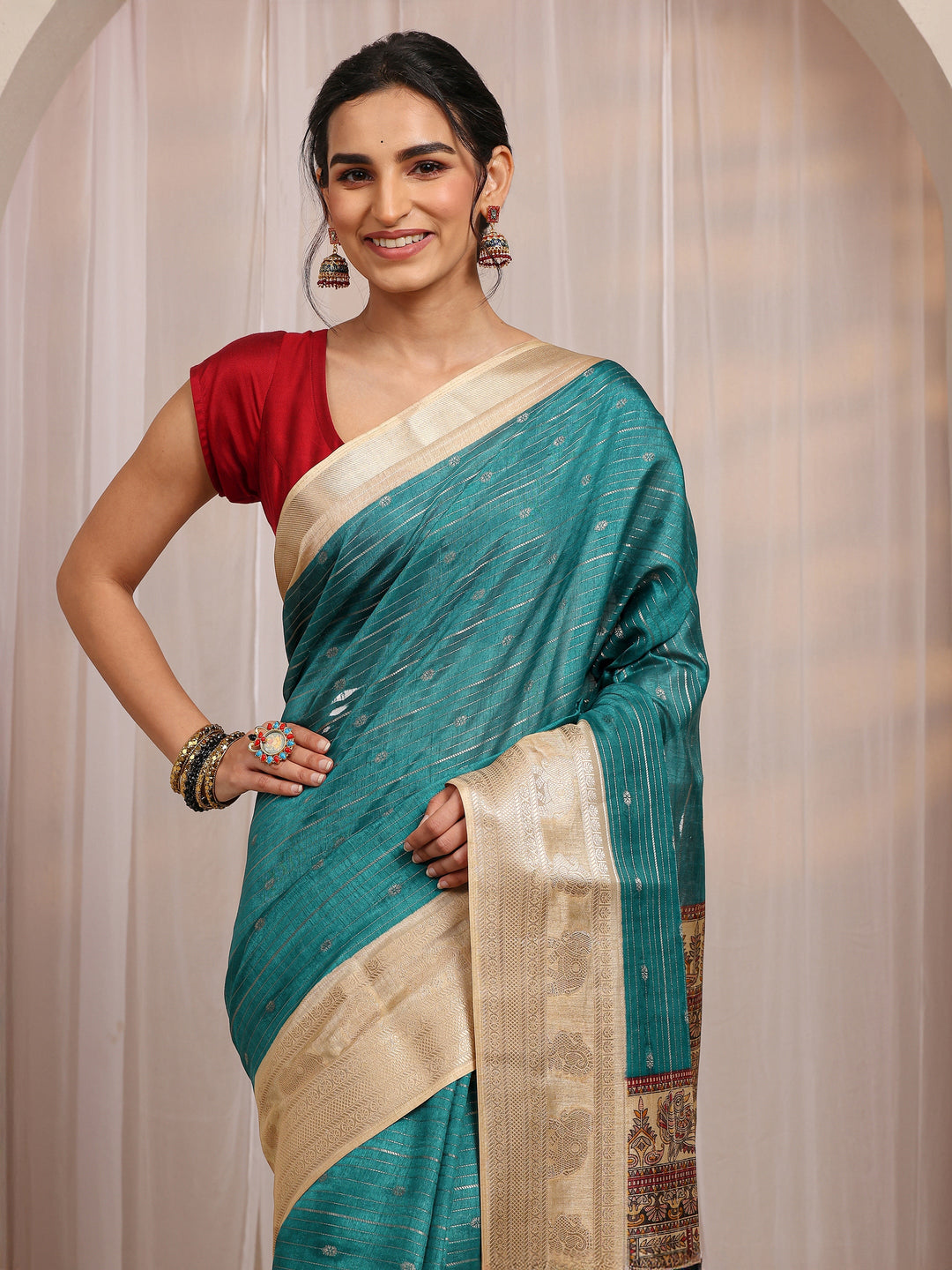 Green Ethnic Motif Woven Design Silk Blend Saree With Unstitched Blouse Piece