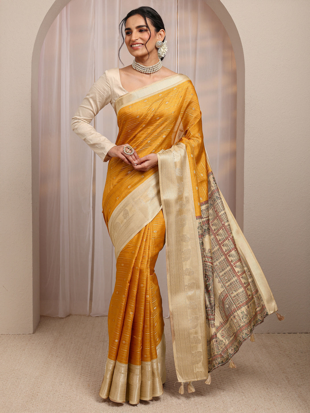 Mustard Ethnic Motif Woven Design Silk Blend Saree With Unstitched Blouse Piece