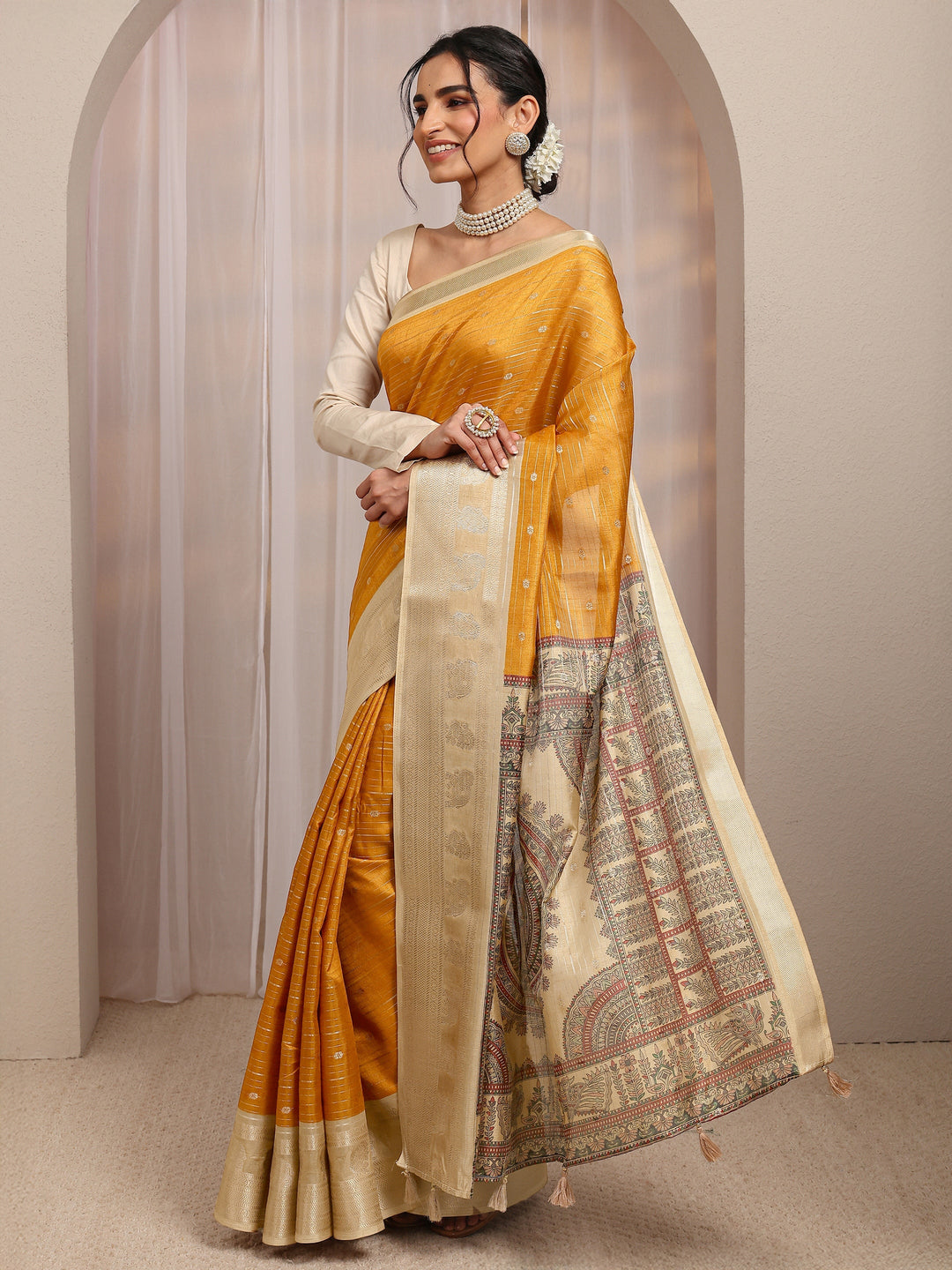 Mustard Ethnic Motif Woven Design Silk Blend Saree With Unstitched Blouse Piece