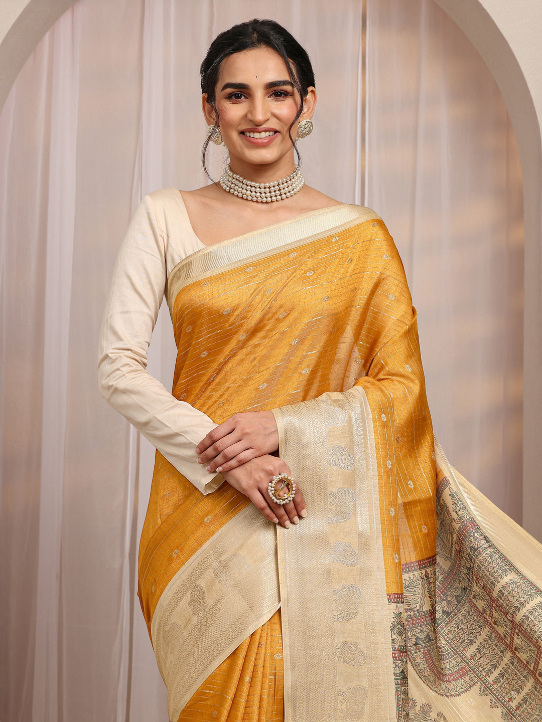 Mustard Ethnic Motif Woven Design Silk Blend Saree With Unstitched Blouse Piece
