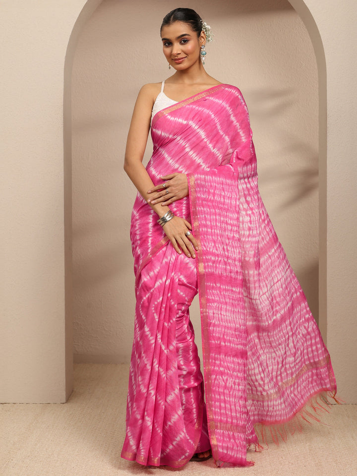 Pink Tie And Dye Printed Cotton Blend Saree With Unstitched Blouse Piece