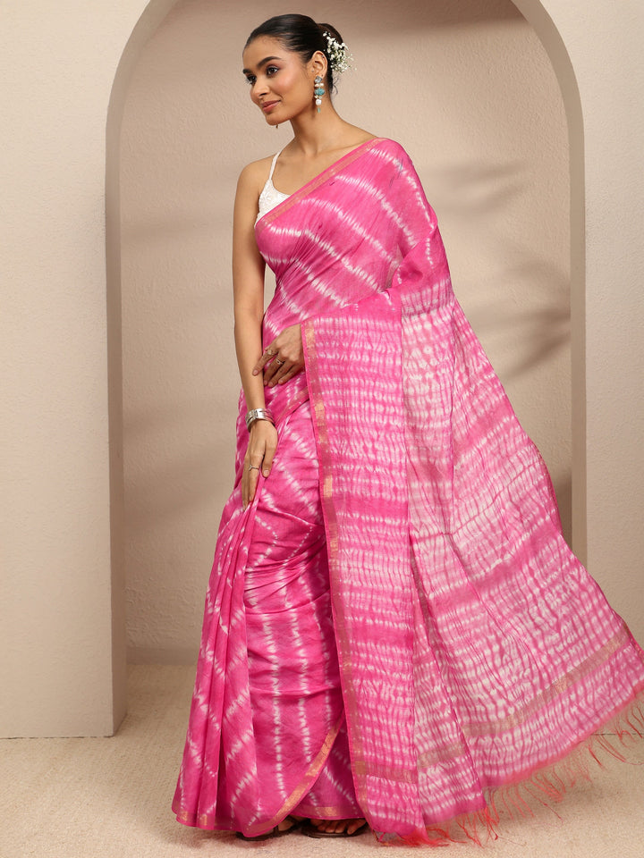 Pink Tie And Dye Printed Cotton Blend Saree With Unstitched Blouse Piece