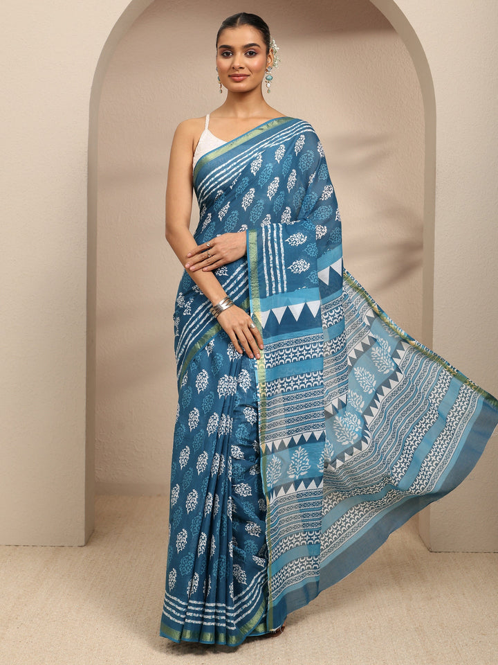 Blue Ethnic Motifs Printed Cotton Blend Saree With Unstitched Blouse Piece
