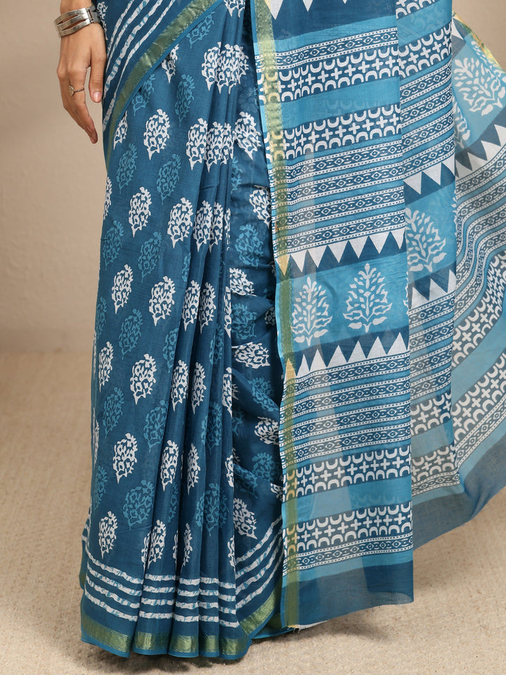 Blue Ethnic Motifs Printed Cotton Blend Saree With Unstitched Blouse Piece