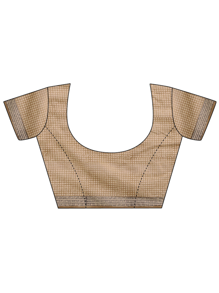 Brown Printed Cotton Blend Saree With Unstitched Blouse Piece
