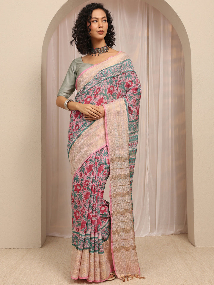 Pink Floral Printed Cotton Blend Saree With Unstitched Blouse Piece
